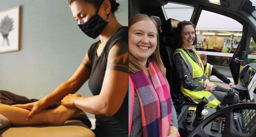 Collage showing massage and two women in a bus one in yellow vest, one in bright scarf SEDS