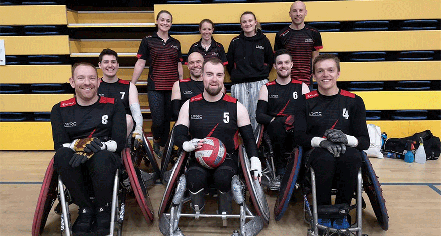 Rugby players in wheelchairs at London Wheelchair Rugby Club