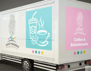 White catering van with pale blue and pink branding - Destination Pond Meadow
