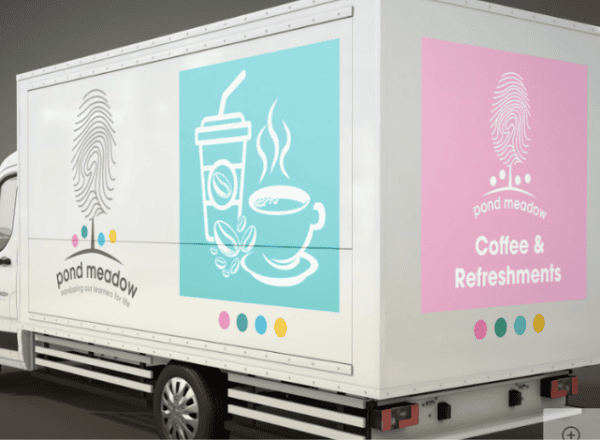 White catering van with pale blue and pink branding - Destination Pond Meadow