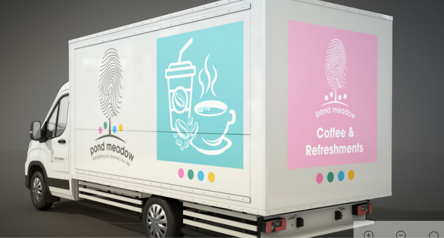 White catering van with pale blue and pink branding - Destination Pond Meadow